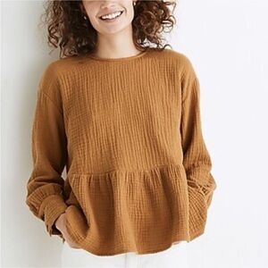 Madewell Long Sleeve Oversized Textured Caramel Top Ruffle Peplum Small